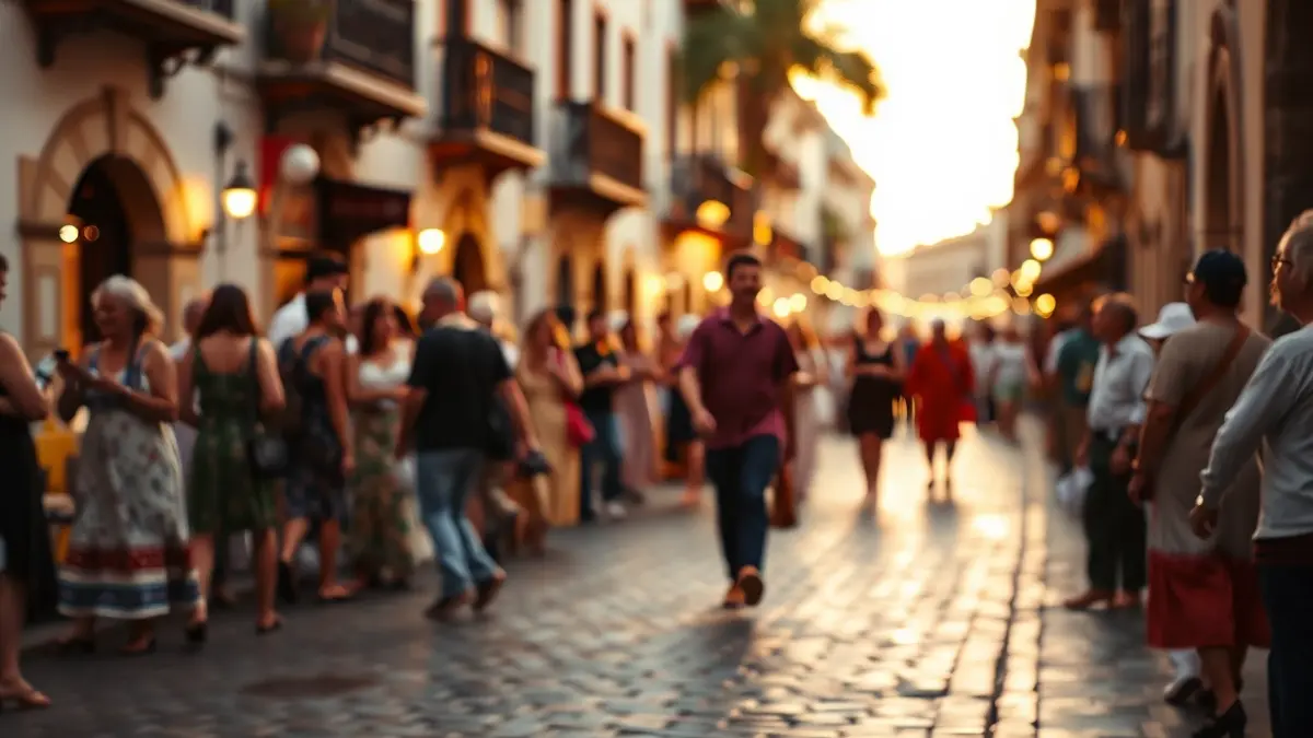 Imagen de una calle de Sevilla durante la Feria, con ambiente festivo y un cielo que sugiere lluvia.