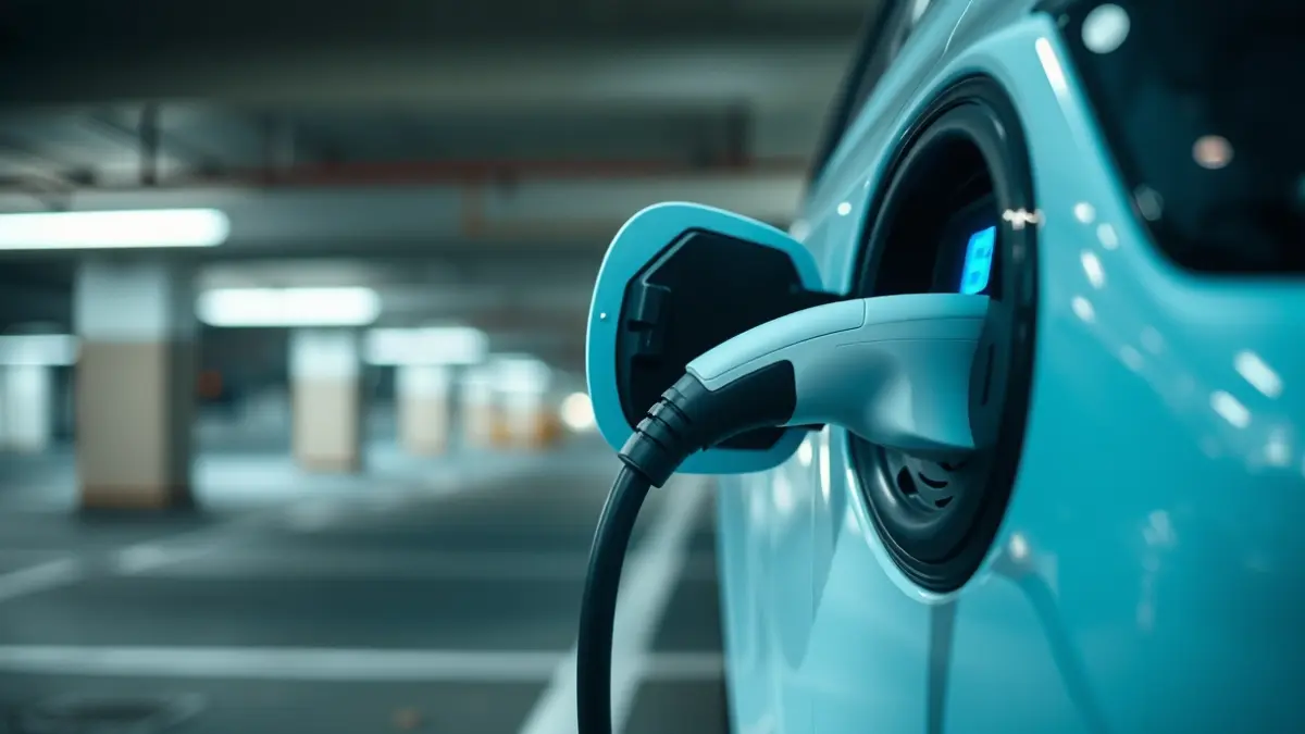 Generic image of an electric car charging in an underground parking lot.