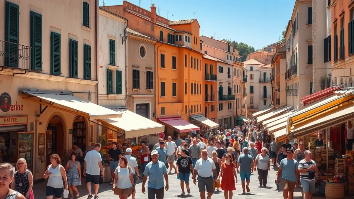 Imagen de una plaza de mercado en una ciudad mediterránea, con toldos y gente.