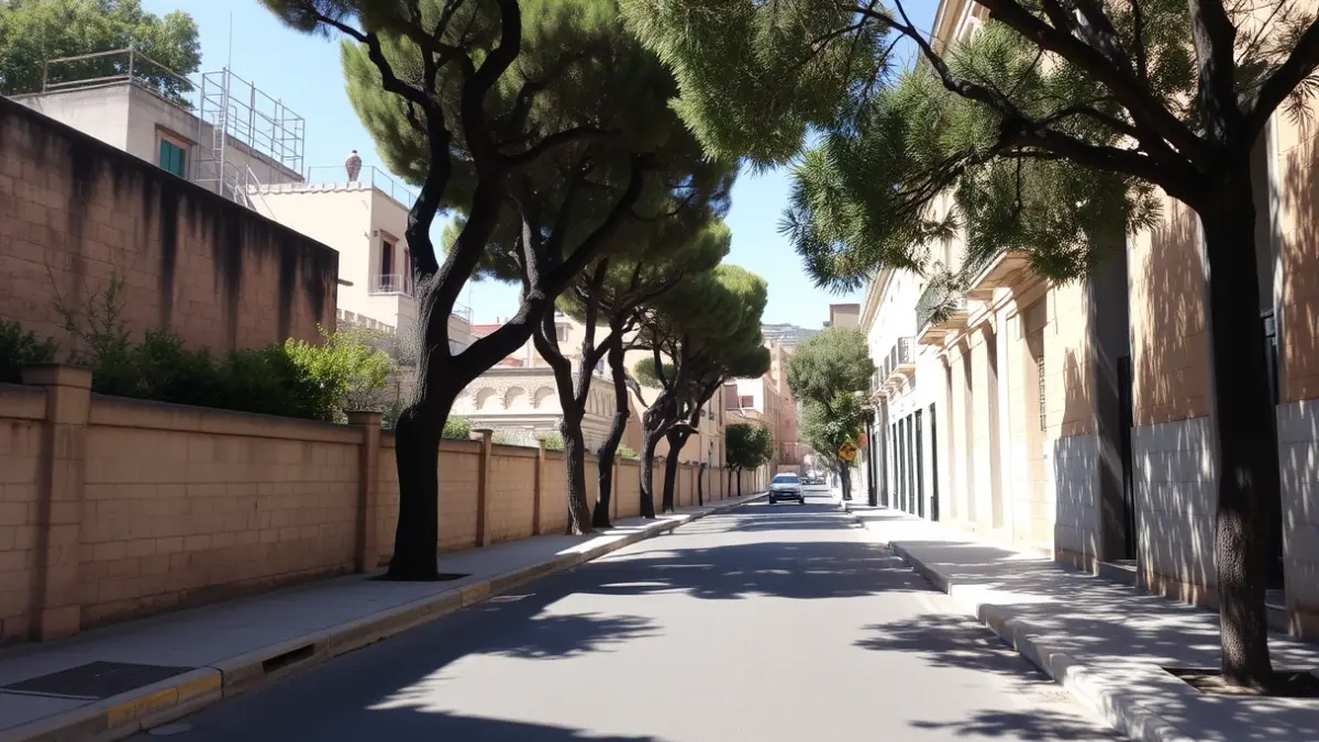 Image of an empty historic street in Cádiz, with no signs of construction, featuring trees and stone walls.
