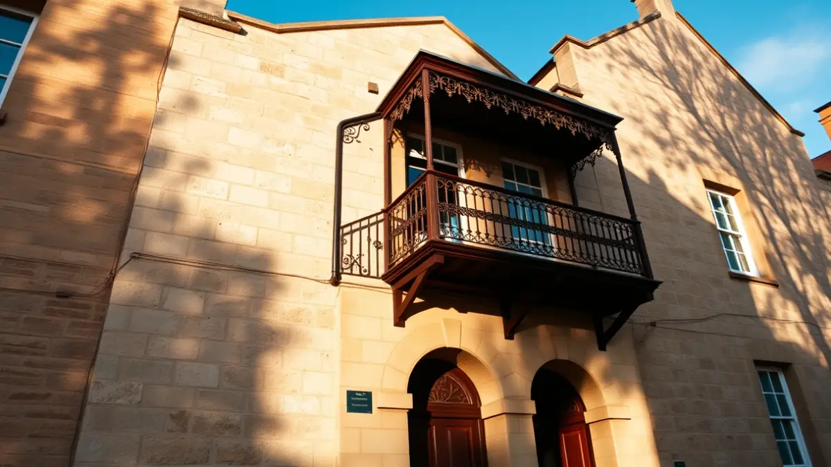 Facade of an Andalusian-style town hall with a balcony and iron railings, under the afternoon sunlight.