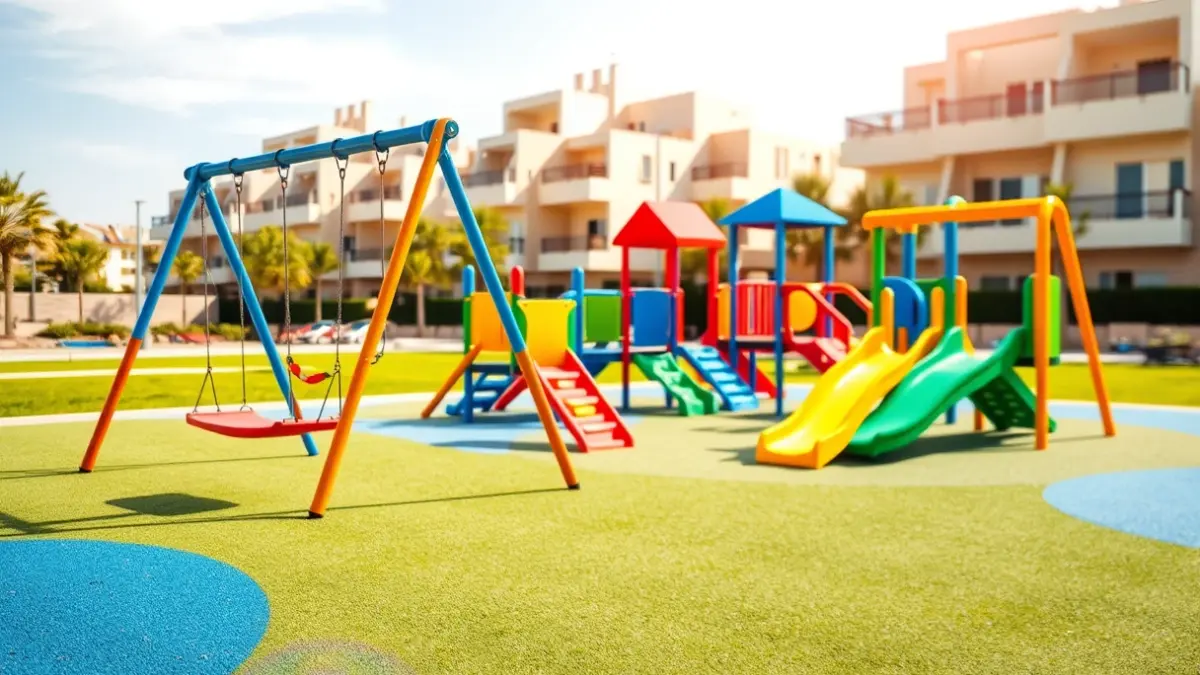 Imagen genérica de un parque infantil moderno y seguro con juegos coloridos.