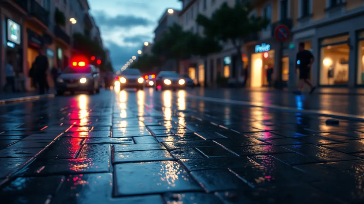 Imagen genérica de luces de policía reflejadas en el asfalto durante un incidente.