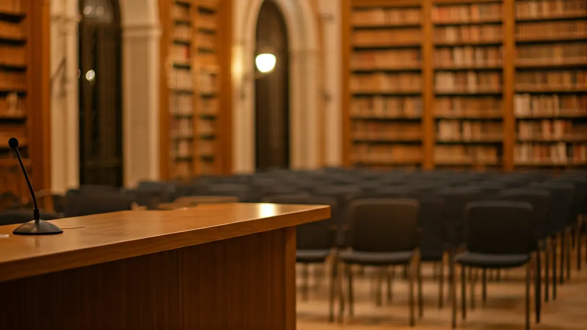Generic image of a conference room or library, with a microphone on a podium and bookshelves in the background.