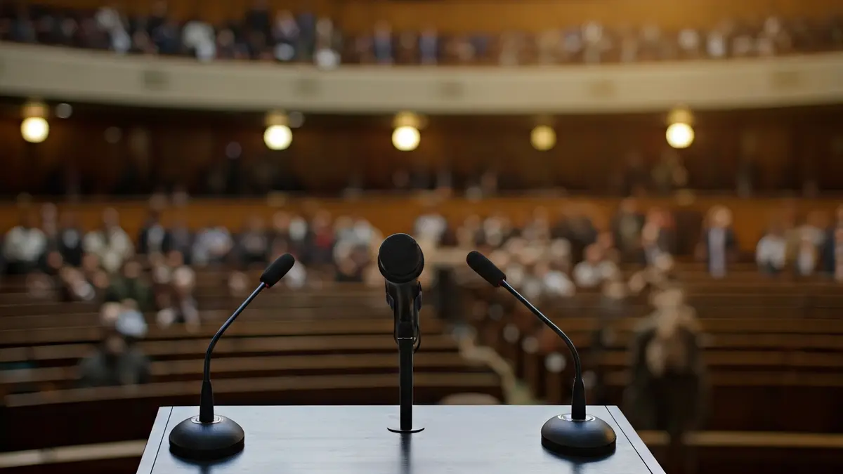Generic image of a microphone on a podium, symbolizing a political announcement.