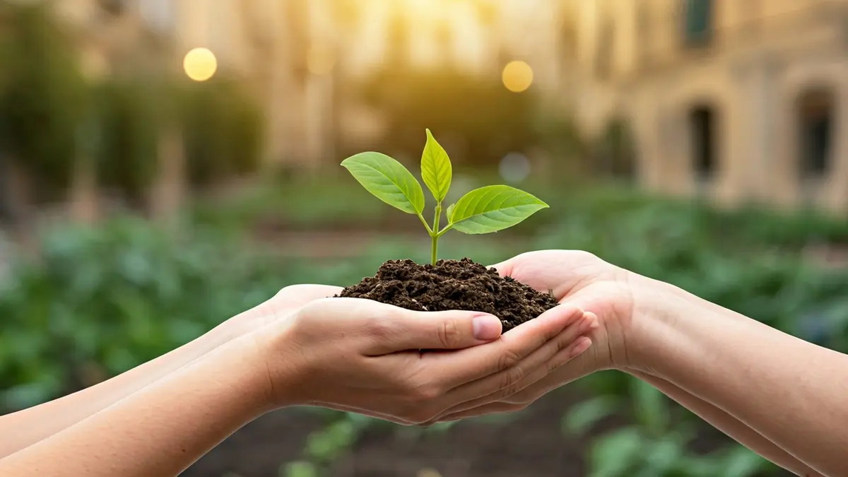Imagen de manos sosteniendo una hoja y una planta, simbolizando la colaboración y el cuidado del medio ambiente.