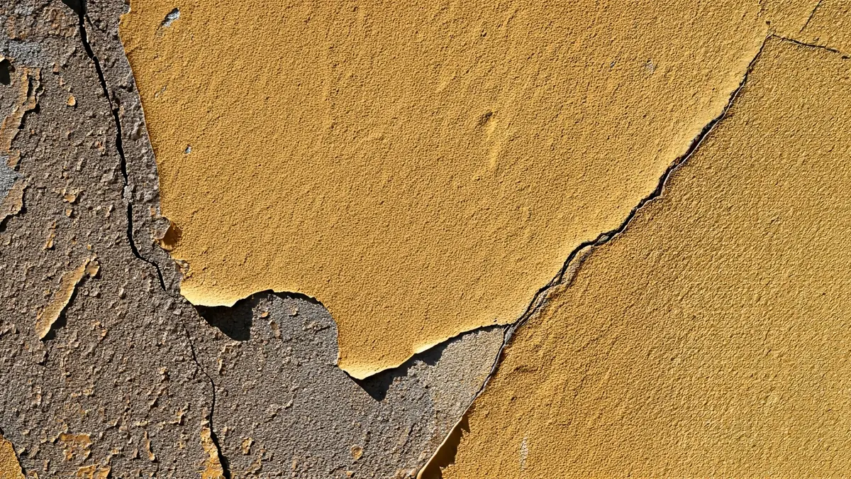 Fachada de un edificio escolar deteriorado con pintura descascarillada y grietas visibles.