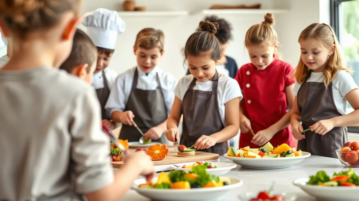 Children and chefs in a healthy cooking workshop, preparing fruit skewers and salads.