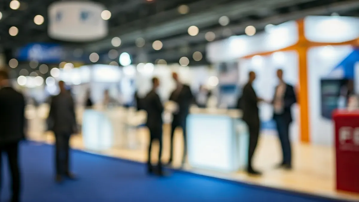 Imagen genérica de un evento de formación y empleo con stands y personas interactuando.