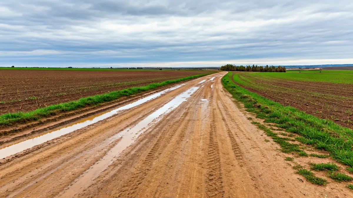 Rural road in Chiclana with damage from rain.