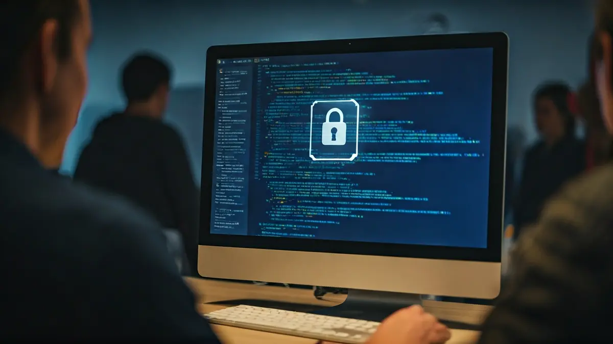 Imagen genérica de una pantalla de ordenador con código y un candado, reflejando preocupación.