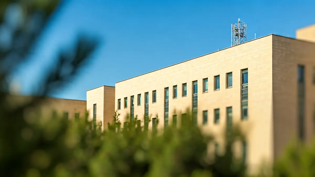 Facade of a modern university building in Almería, with large windows and sunlight.