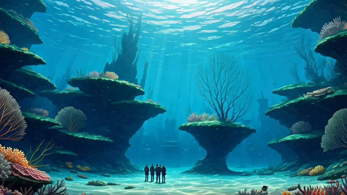 Imagen de un fondo marino con relieves geológicos submarinos.