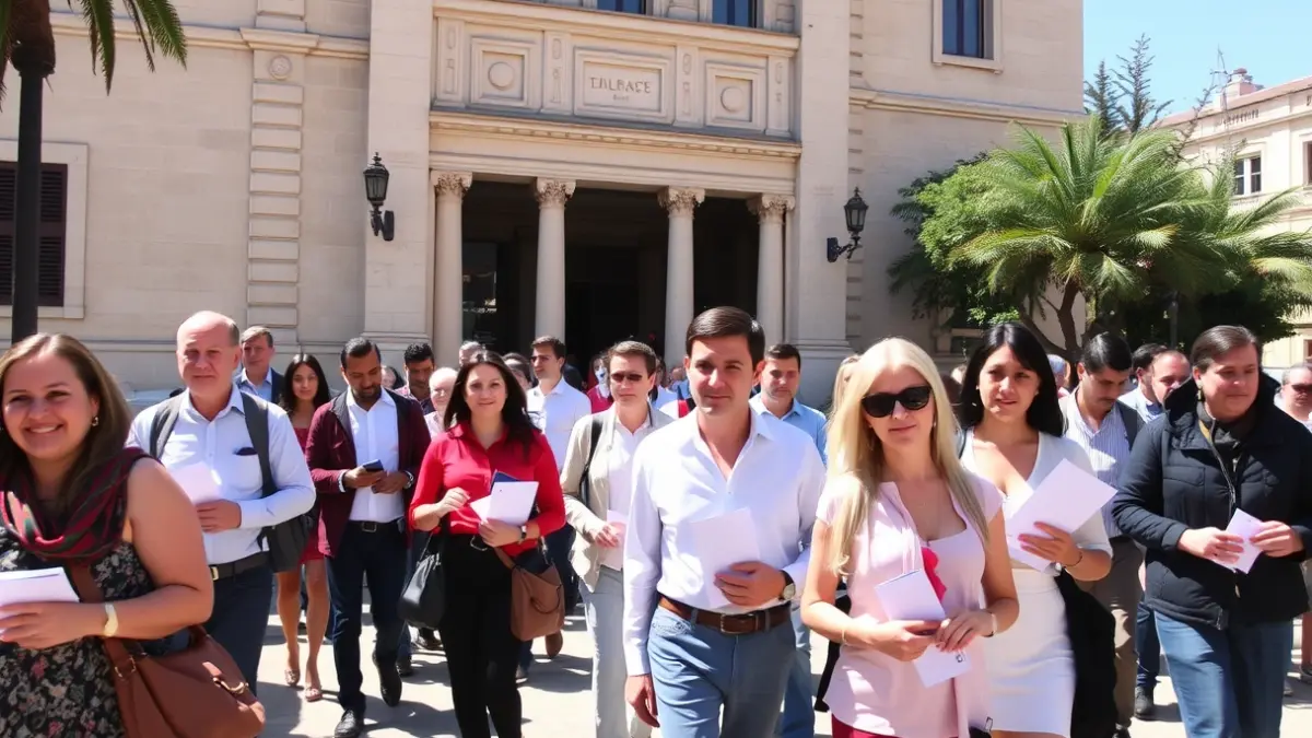 Imagen de personas con documentos en mano dirigiéndose a una oficina gubernamental en una ciudad mediterránea.