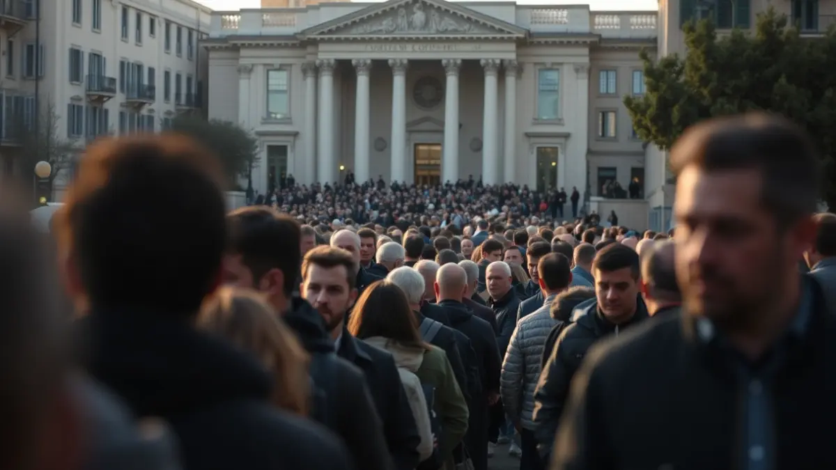 Imagen de una larga cola de personas esperando en la calle para realizar trámites administrativos.