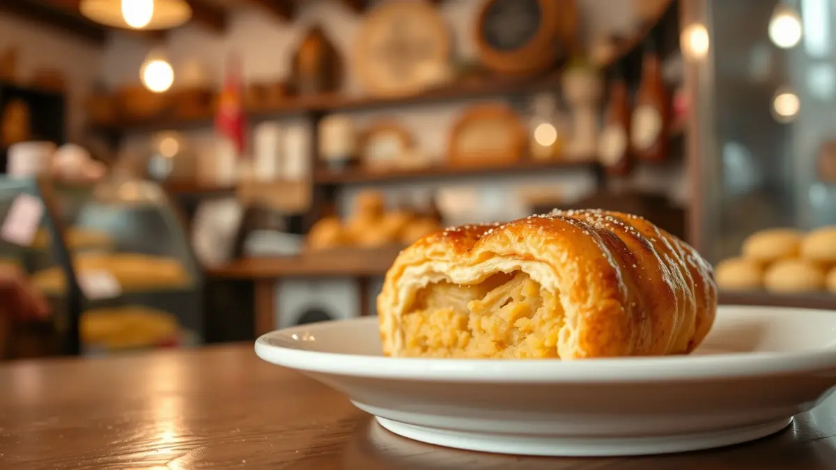 Generic image of a traditional Spanish pastry on a plate, with an old-fashioned bakery in the background.