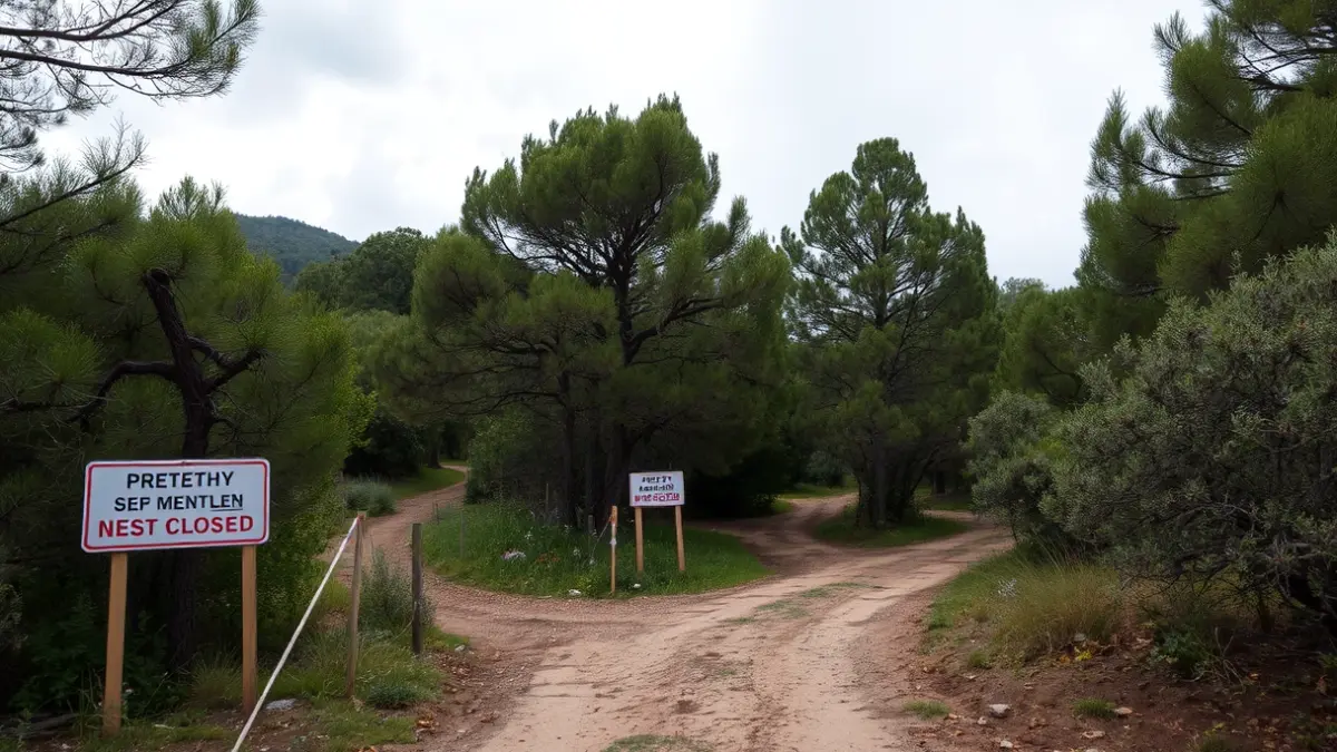 Señales de prohibición en un camino forestal cerrado por deslizamientos de tierra.