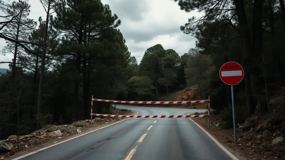Imagen de un camino forestal cerrado por deslizamientos de tierra.