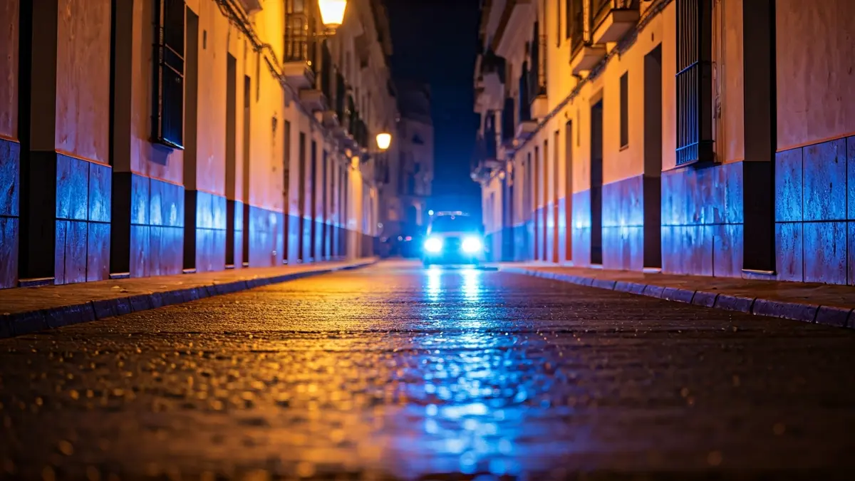 Generic image of police emergency lights reflecting on wet asphalt in an Andalusian street.