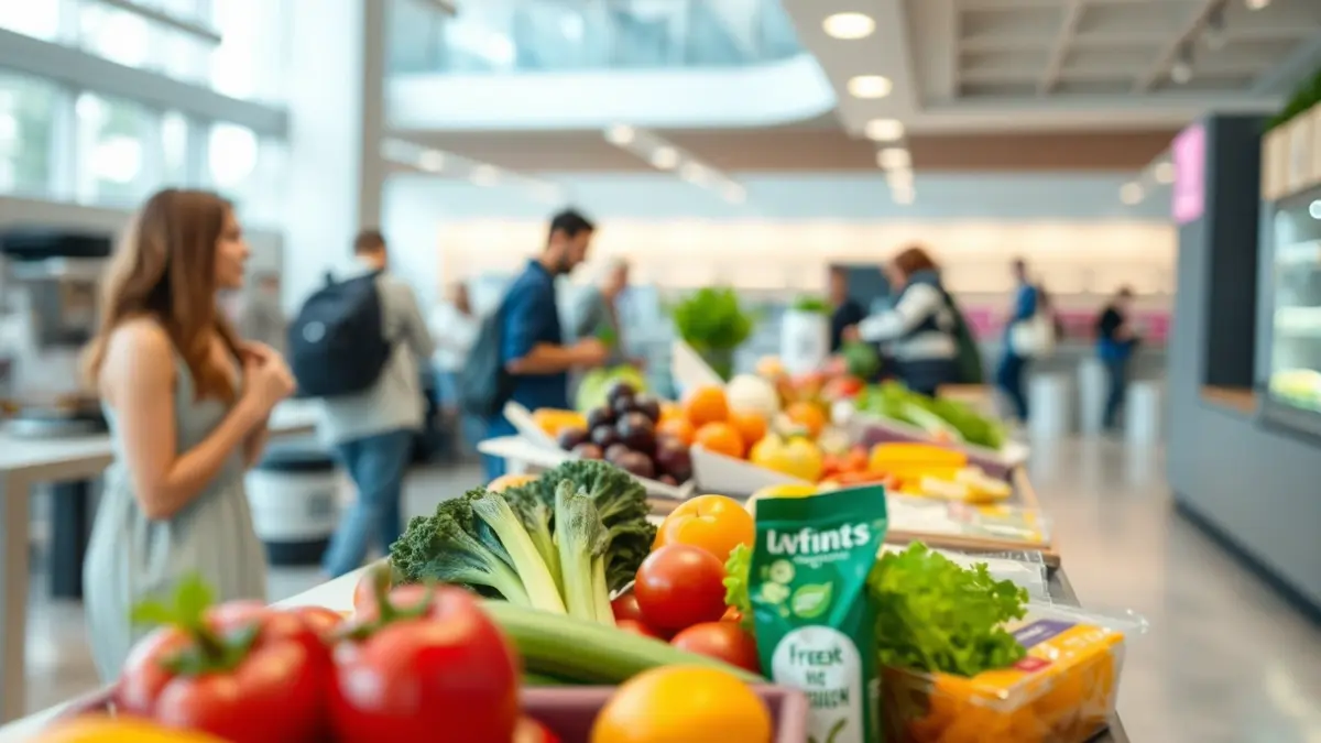 Generic image of a modern university cafeteria with healthy options.