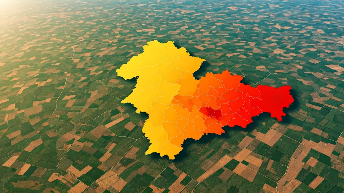 Map of Córdoba province with rural areas marked in red and orange for depopulation risk.
