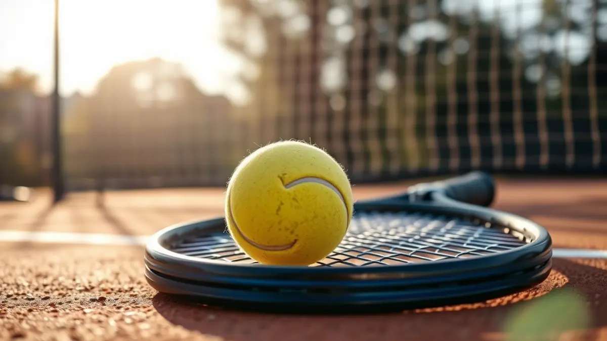 Imagen genérica de una raqueta y una pelota de tenis en una pista de tierra batida.