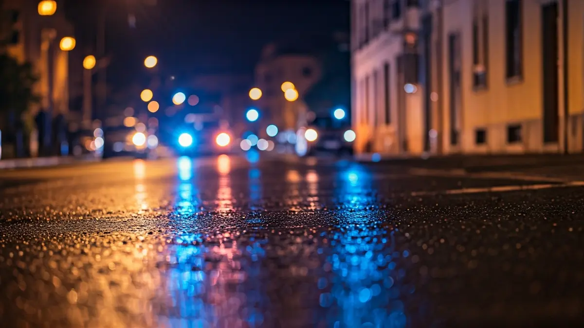 Generic image of emergency lights reflecting on wet asphalt at night.