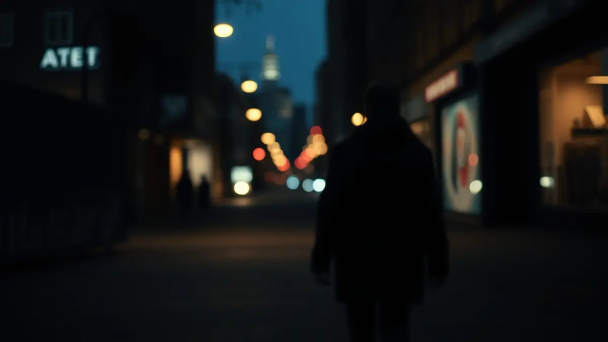 Generic image of a homeless person walking down a street at night, with a city skyline in the background.