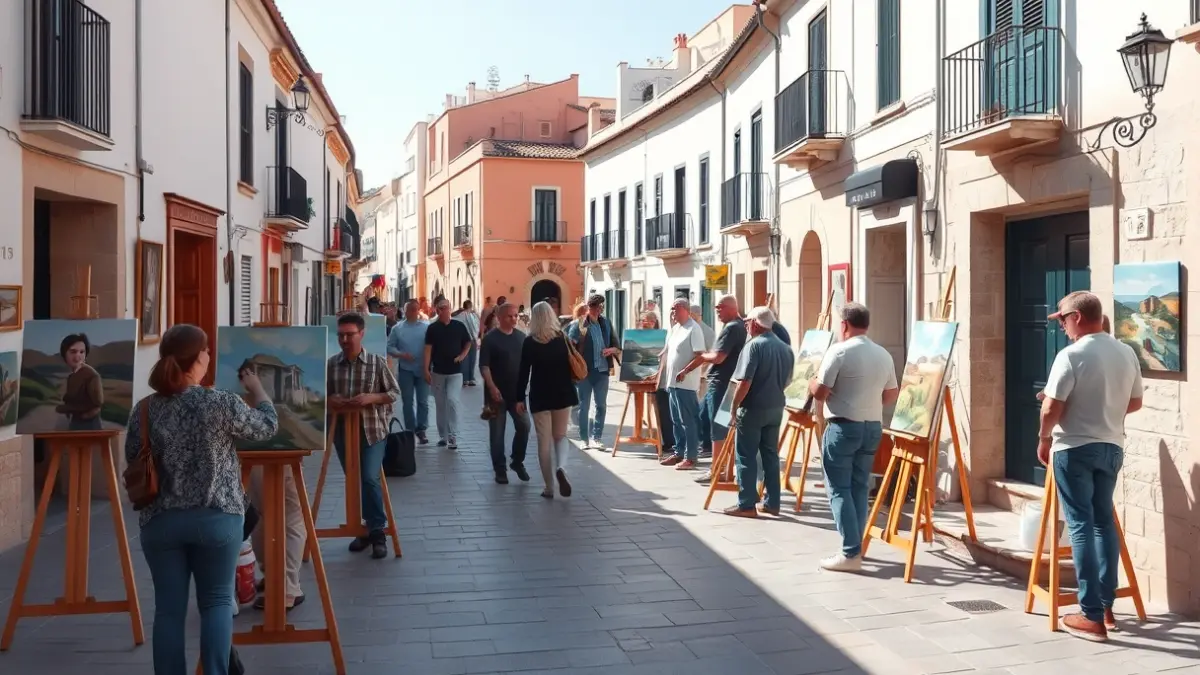 Image of artists painting outdoors in an Andalusian village during a cultural competition.
