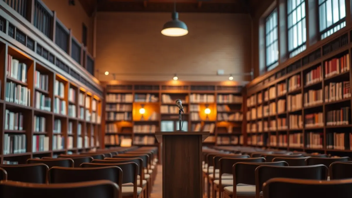 Imagen genérica de un auditorio o sala de conferencias, con un micrófono en un podio y asientos vacíos, iluminado con luz cálida.