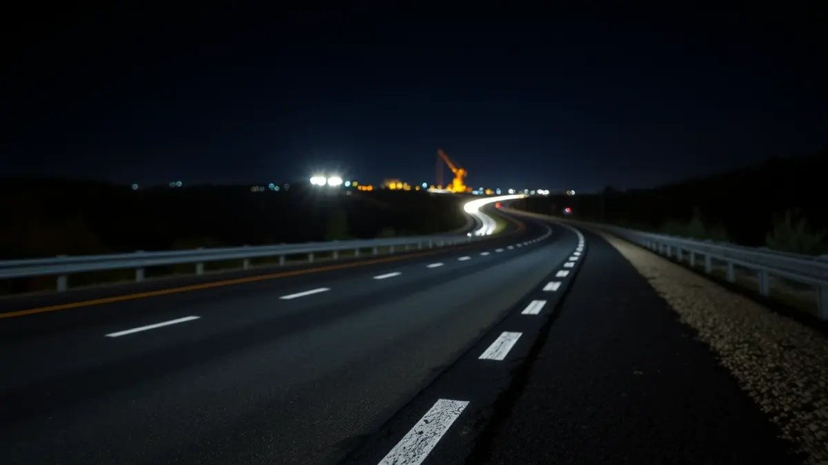 Imagen genérica de obras de reasfaltado en una carretera de noche.