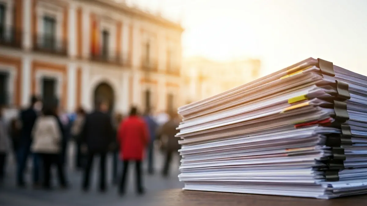 Generic image of stacked official documents, with a blurred government building in the background.