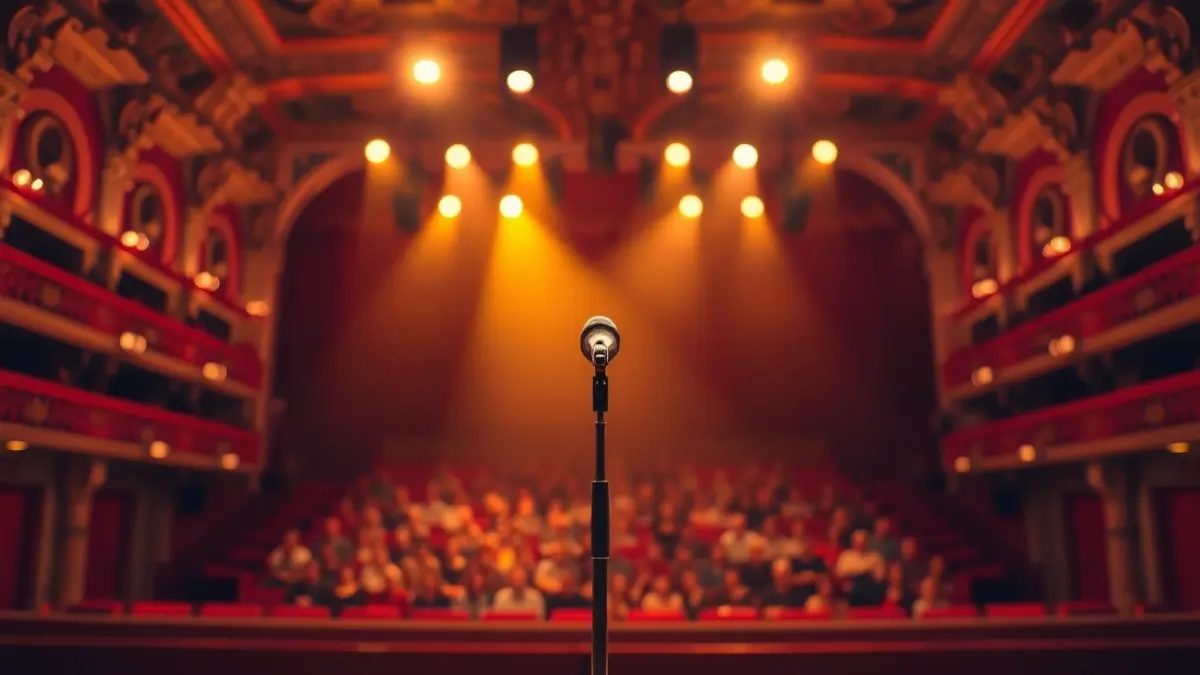 Generic image of a theater stage with spotlights and a microphone, evoking a concert.