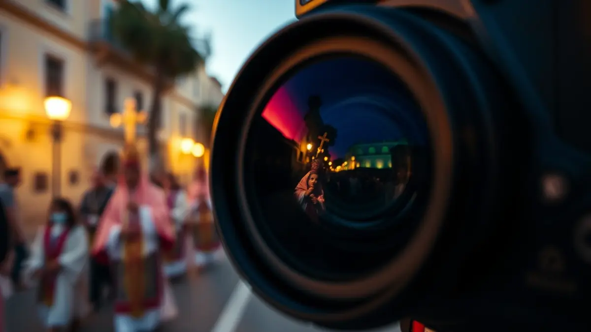 Imagen de una cámara fotográfica enfocando una escena de Semana Santa en Huelva.