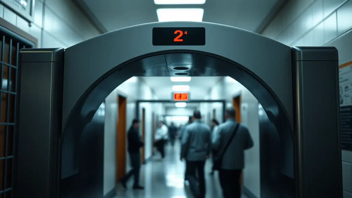 Generic image of a security arch at a prison entrance.