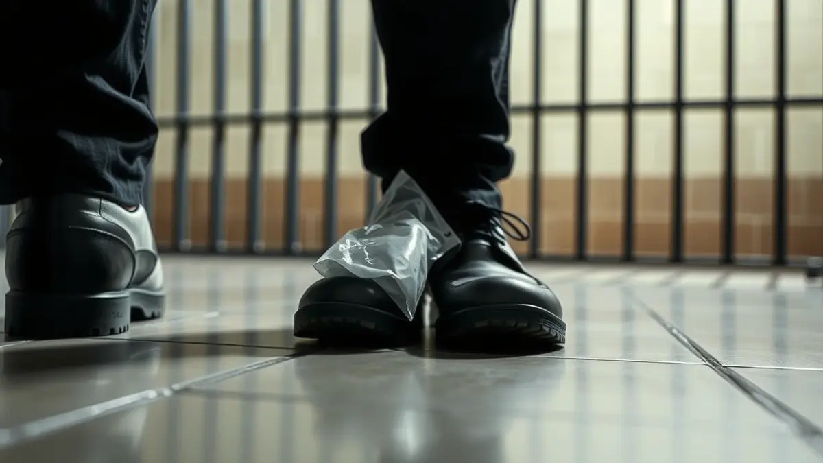 Image of shoes with a hidden package, in a prison-like setting.