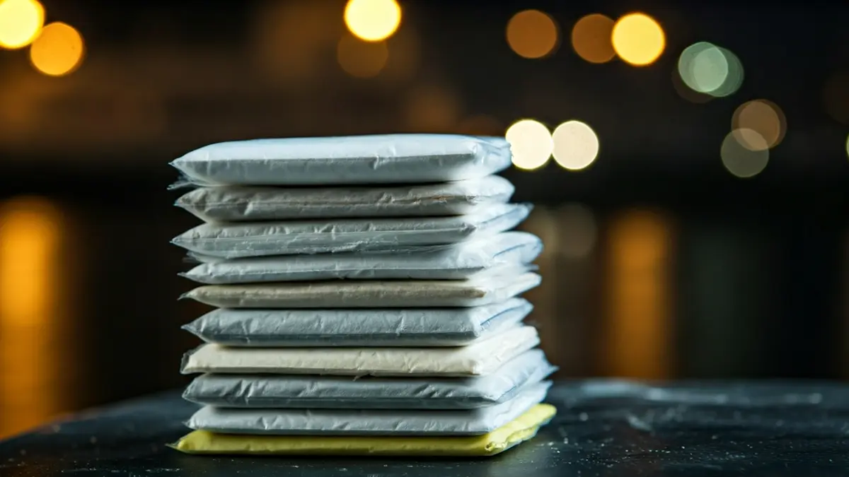 Seized drug packages in a port, with blurred background lights.