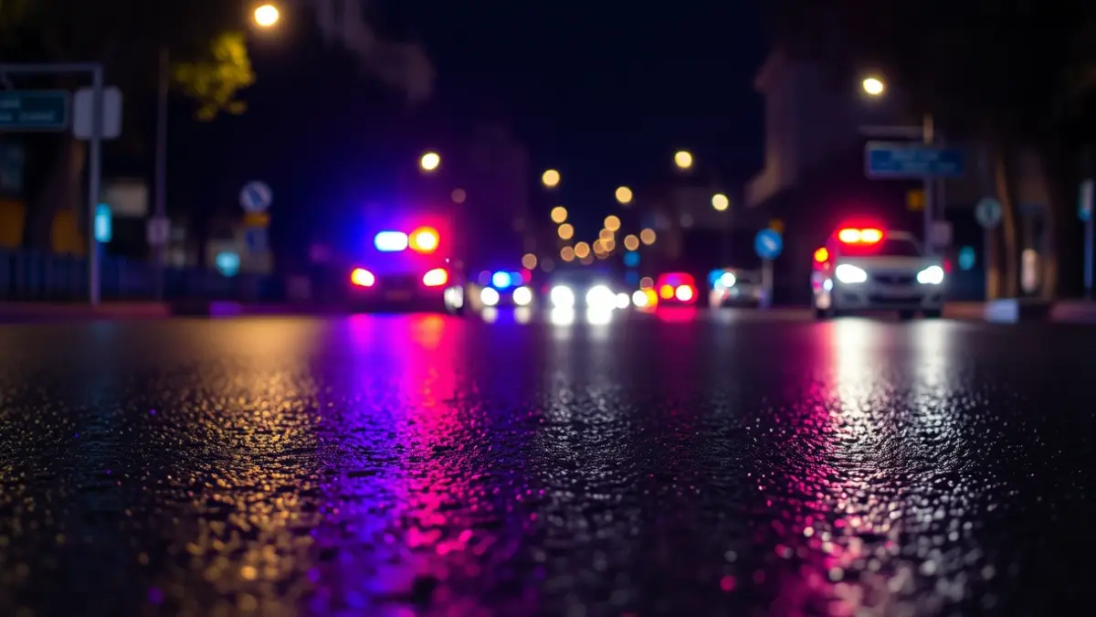 Imagen genérica de luces de emergencia policiales reflejadas en el asfalto mojado.
