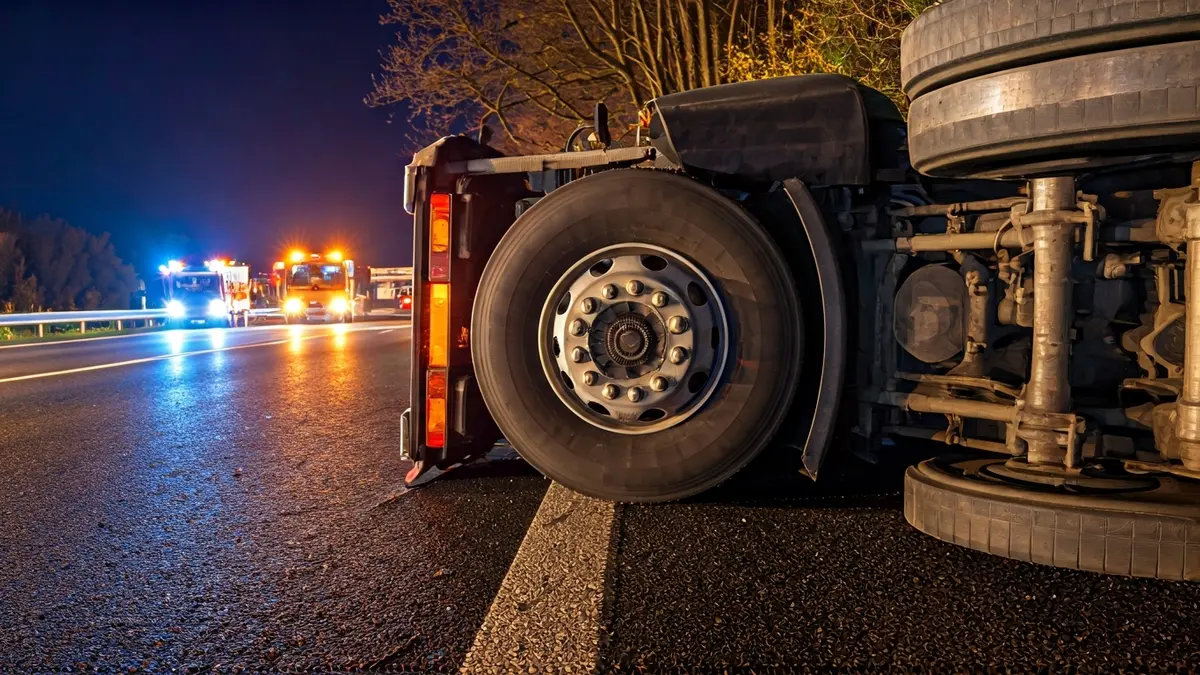 Camión cisterna volcado en la carretera tras un accidente, con luces de emergencia al fondo.