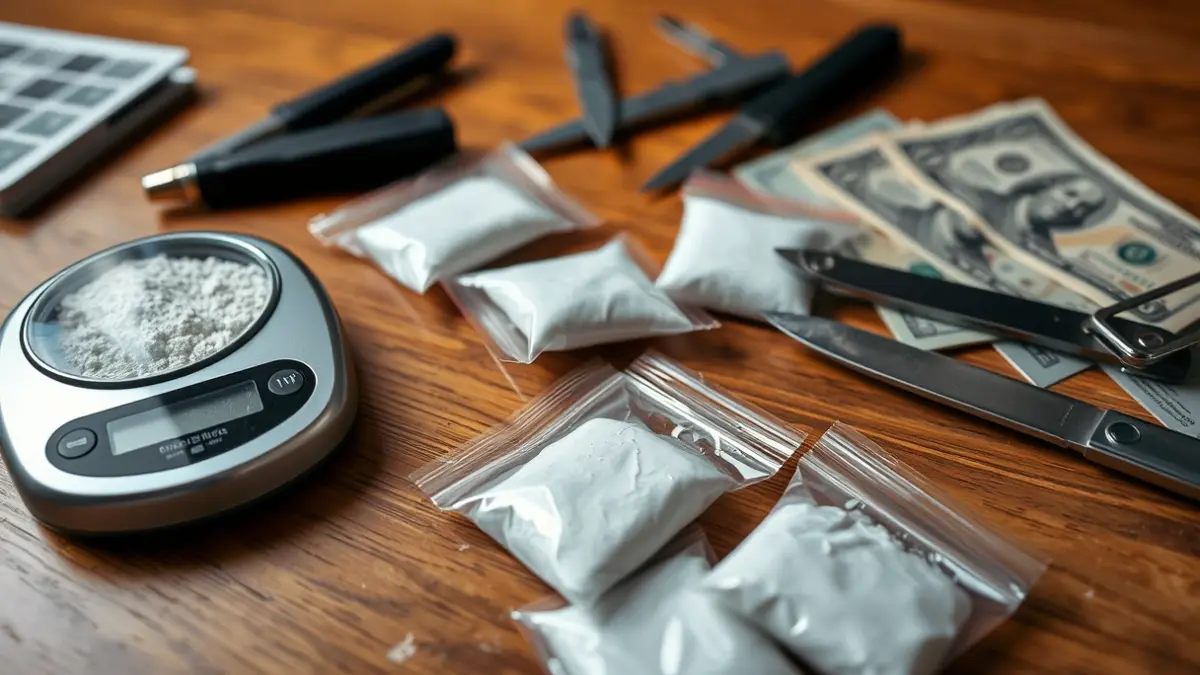 Imagen de útiles para la venta de drogas, incluyendo una balanza de precisión y dinero en efectivo.