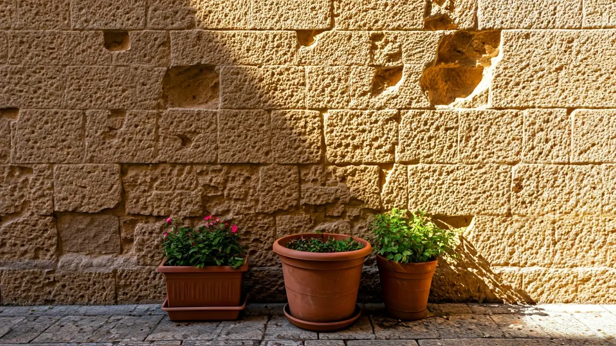 Muro y maceteros con grafitis en un patio andaluz