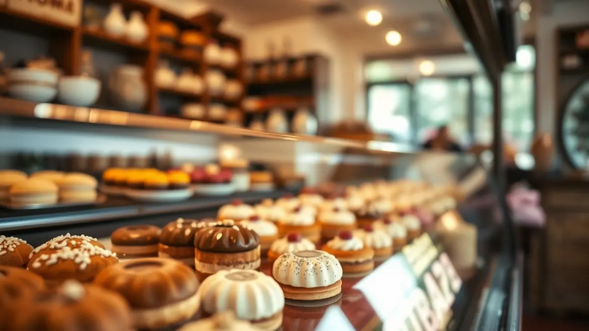 Display counter of a traditional confectionery with sweets and pastries.
