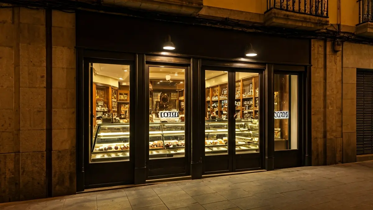 Fachada de una confitería tradicional con un cartel de 'cerrado'.