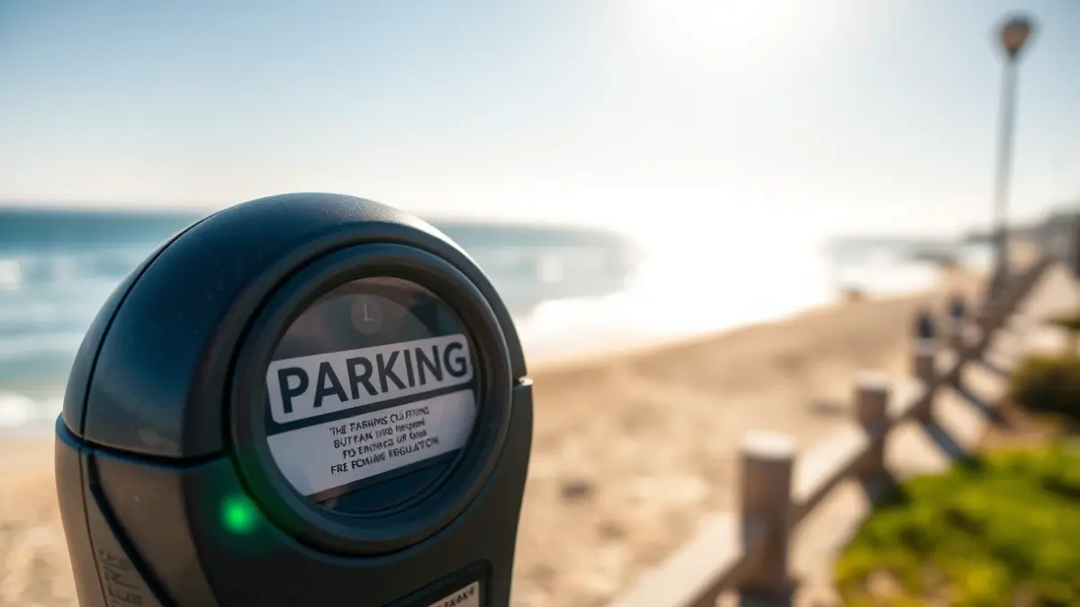 Image of a parking meter in a coastal area, with Matalascañas beach in the background.