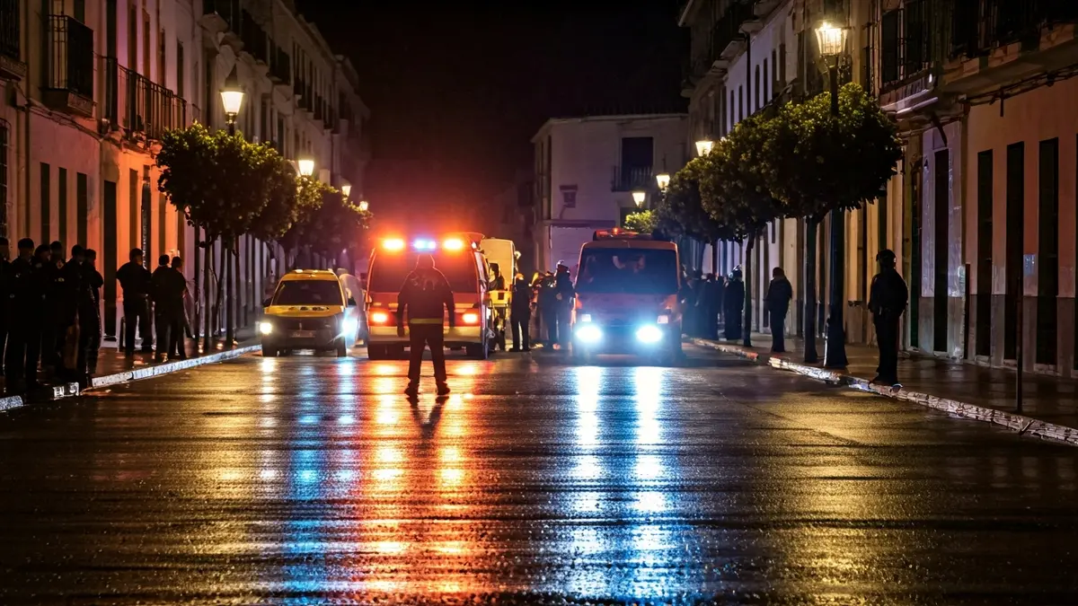 Imagen de luces de emergencia en la noche, reflejadas en el asfalto mojado, con figuras borrosas de personal de rescate.