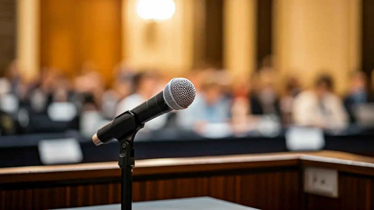Imagen genérica de un micrófono en un podio durante un congreso.