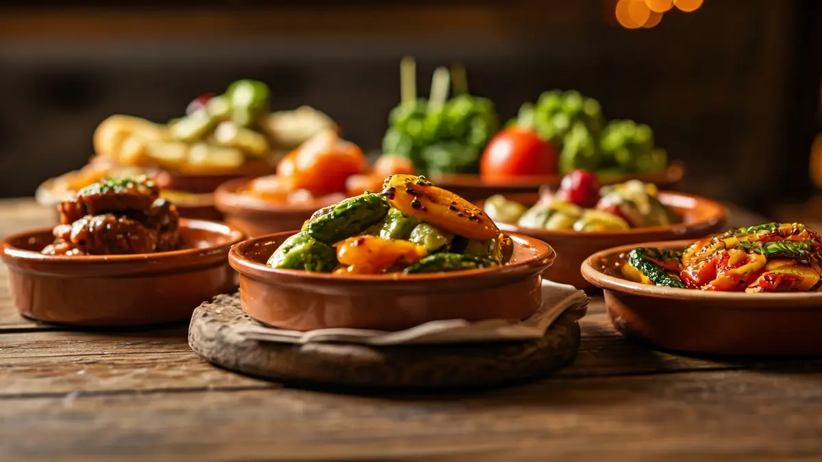 Imagen genérica de tapas variadas en una mesa de madera, con ingredientes frescos y presentaciones creativas.