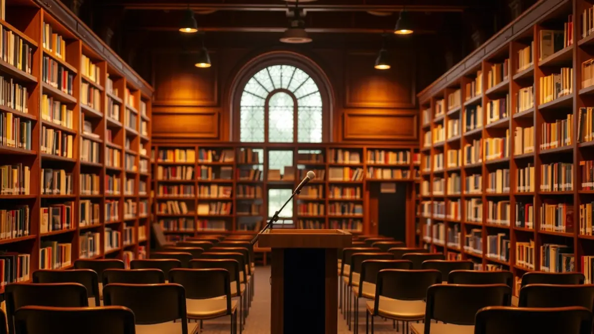 Generic image of a library interior with wooden bookshelves and a podium with a microphone, lit with warm light.