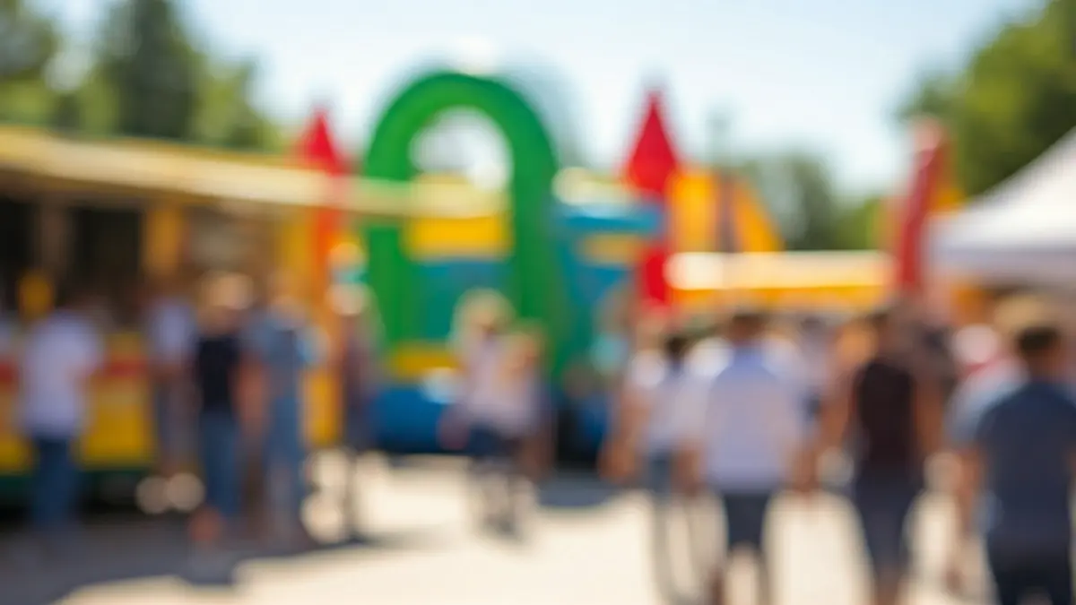 Image of a family festival with inflatables and food trucks.