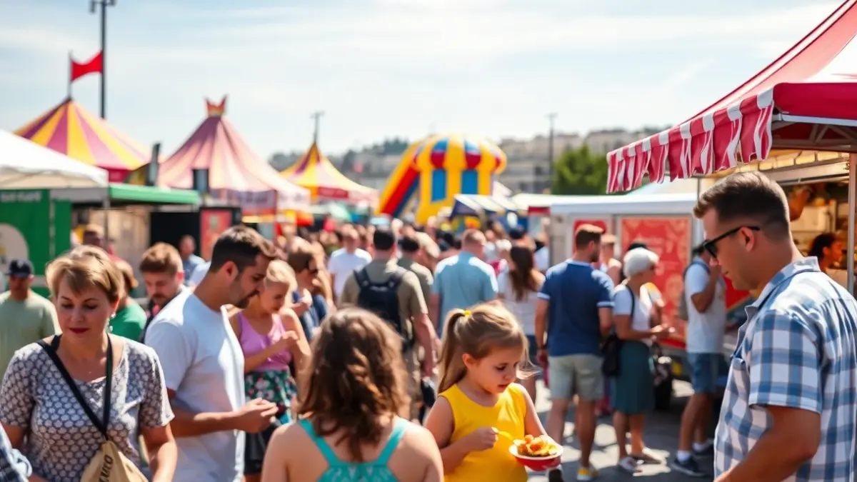 Imagen de un festival familiar con hinchables y food trucks en un recinto ferial.